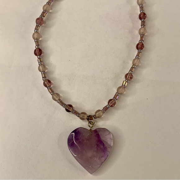 Purple Amethyst Crystal Heart Pendant Necklace Beaded Gemstone Long Delicate 23" - Picture 10 of 15